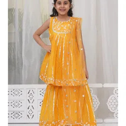 Little Bansi Cotton Sleeveless Floral Embroidered Lace Embellished Frock Style Kurta With Coordinating Sharara & Dupatta Set - Haldi Yellow image 1