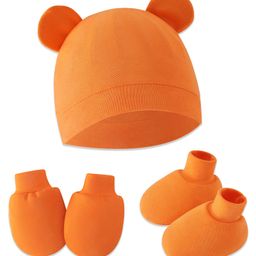 Bembika Cotton Solid Cap With Coordinating Pair Of Mittens & Booties Set - Orange-picture-46
