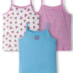 Kookie Kids Cotton Lycra Knit Sleeveless Slips with Polka Dots & Fruits Print Pack of 3 - Blue Pink & White-image-97