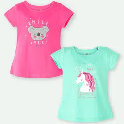 Ariel Cotton Knit Pack Of 2 Half Sleeves Koala Embroidered & Typography Printed Tops - Pink & Green-picture-29