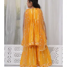 Little Bansi Cotton Sleeveless Floral Embroidered Lace Embellished Frock Style Kurta With Coordinating Sharara & Dupatta Set - Haldi Yellow image 3