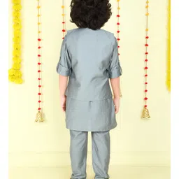 Ministitch Woven Full Sleeves Solid Kurta Pyjama With Floral Gold Zari Embroidered Jacket Set - Grey image 3