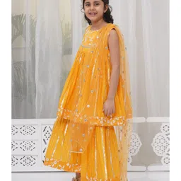 Little Bansi Cotton Sleeveless Floral Embroidered Lace Embellished Frock Style Kurta With Coordinating Sharara & Dupatta Set - Haldi Yellow image 5