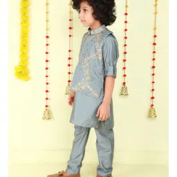 Ministitch Woven Full Sleeves Solid Kurta Pyjama With Floral Gold Zari Embroidered Jacket Set - Grey image 5