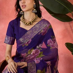 Sangria Women Floral Printed Poly Chiffon Celebrity Saree With Blouse Piece-picture-12
