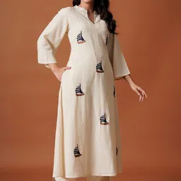 Indo Era Women Embroidered A-Line Thread Work Pure Cotton Kurta with Palazzos image 2
