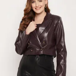MADAME Brown Faux Leather Regular Fit Blazer-image-84