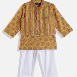 READIPRINT FASHIONS Kids Mustard & White Floral Print Full Sleeves Kurta, Nehru Jacket with Pyjamas-image-55