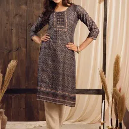 Odette Blue Cotton Printed Straight Kurta-image-12