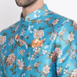 VASTRAMAY Turquoise Blue Straight Fit Floral Print Nehru Jacket image 4