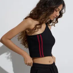 Studiofit by Westside Black Striped One-Shoulder Cotton Top-image-7