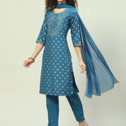 Biba Teal Printed Kurta With Pants & Dupatta image 3