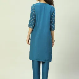 Biba Teal Printed Kurta With Pants & Dupatta image 2