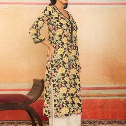 label adrija Pure Cotton V Neck Aari Work Floral Printed Straight Knee Length Kurti for Women's-picture-35