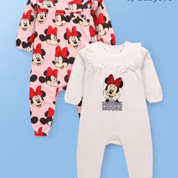 Babyoye Disney Interlock Knit Full Sleeves Rompers With Minnie Mouse Graphics & Bow Applique Pack of 2 - Pink & White-picture-27