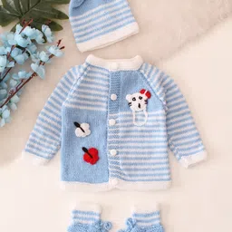 Woonie Hand Knitted Full Sleeves Striped & Butterfly Designed Cardigan Cap & Socks - Blue-picture-20