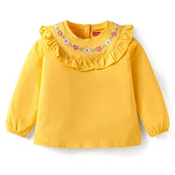 Babyhug Cotton Knit Full Sleeves Top with Floral Embroidery & Frill Detailing - Yellow-picture-27