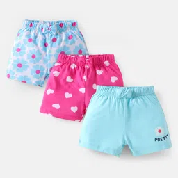 Babyhug Cotton Knit Mid Thigh Shorts with Floral & Heart Print with Bow Applique Pack of 3 - Pink & Light Blue-picture-33