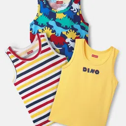 Babyhug 100% Cotton Knit Sandos With Stripes & Animal Print Pack of 3 - Navy Blue & Yellow-picture-24