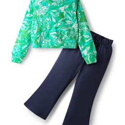 CrayonFlakes Cotton Knit Full Sleeves Floral Printed Crop Top With Flared Pant Set - Green-image-11