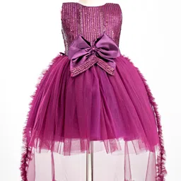 Bluebell Net Woven Sleeveless Party Frock With Bow Applique & Sequin Detailing - Wine-picture-19