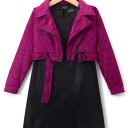 Hola Bonita Knit Solid Shimmer Party Dress & Full Sleeves Jacket - Dark Pink & Black-picture-10