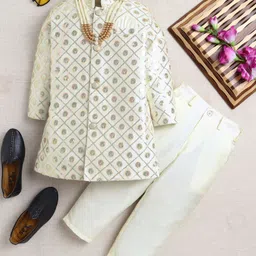 Ahhaaaa Viscose Woven Full Sleeves Sequin Embellished Sherwani & Pant Set - Beige-picture-14