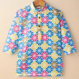 Ridokidz Full Sleeves Ethnic Motif Printed Kurta Pyjama Set - Yellow & Blue image 2