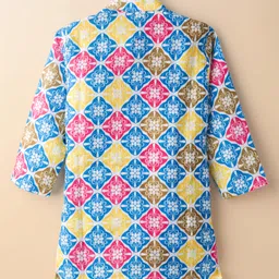 Ridokidz Full Sleeves Ethnic Motif Printed Kurta Pyjama Set - Yellow & Blue image 3