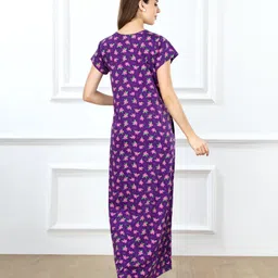 Bella Mama Cotton Knit Half Sleeves Concealed Zipper Floral Print Nighty - Purple image 5
