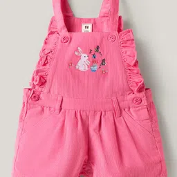 ToffyHouse Woven Dungaree & Half Sleeves Inner Tee With Rabbit Embroidery & Floral Print - Pink & White image 4