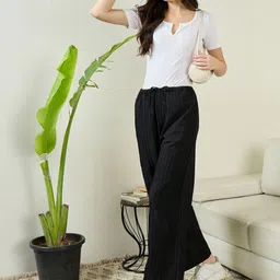 JUNE & HARRY Women Textured Striped Relaxed Trousers-picture-14