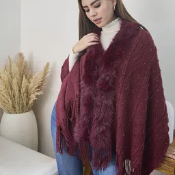 InWeave Women Boucle Poncho with Fuzzy Detail-picture-34