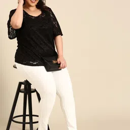 The Pink Moon Plus Size Women Black Self Design Top image 5