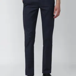 Van Heusen Navy Blue Cotton Slim Fit Checks Trousers image 1
