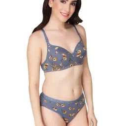 AROUSY Grey & Green Cotton Printed Bra Panty Set - Pack Of 2 image 5