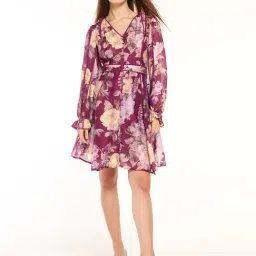 Cover Story Maroon Viscose Regular Fit Floral Print Dress-image-56