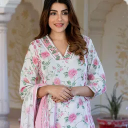 KALINI Floral Printed V-Neck Pure Cotton Straight Kurta with Palazzos & Dupatta image 4