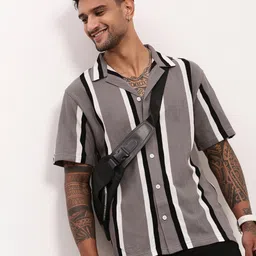 SHOWOFF Men Comfort Relaxed Fit Cuban Collar Vertical Striped Cotton Casual Shirt-image-83