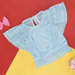 Pantaloons Junior Short Sleeves Intricate Designed Lace Cotton Poly Elastane Top - Powder Blue-picture-28
