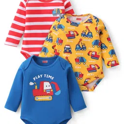 Babyhug 100% Cotton Full Sleeves Onesies Vehicle Print Pack of 3 -Blue Red & Yellow-picture-15