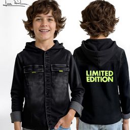 arias by lara dutta Arias Woven Full Sleeves Hooded Denim Jacket With Text Print - Black-picture-27