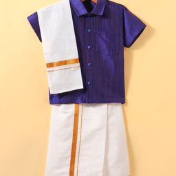 Dapper Dudes Half Sleeves Solid Shirt With Mundu & Angavastram Set - Royal Blue-picture-18