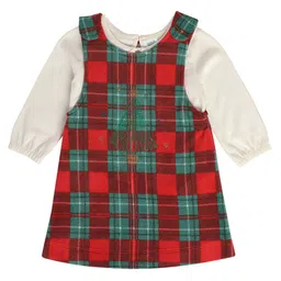 MINI KLUB Cotton Checked & Sequins Embellished Pinafore Dress With Full Puffed Sleeves Top - White Red & Green-picture-34
