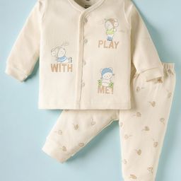 Zero Interlock Knit Full Sleeves Front Open Night Suit With Teddy Print -Cream-picture-30