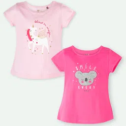 Ariel Cotton Knit Pack Of 2 Half Sleeves Unicorn & Typography Printed Tops - Dark & Light Pink-picture-38
