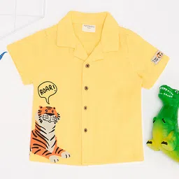 Pantaloons Baby Cotton Woven Half Sleeves Tiger Printed Shirt - Yellow-image-2