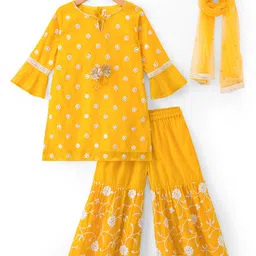 Babyhug Chanderi Woven Three Fourth Sleeves Kurta Sharara & Dupatta Set With Floral Embroidery - Yellow-picture-18