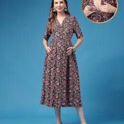 Zelena Rayon Woven Half Sleeves Floral Printed Maternity Dress With Front Open Nursing Access - Multi Colour-picture-29