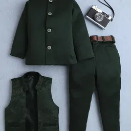 Fourfolds Woven Full Sleeves Floral Embroidered 3 Piece Party Suit Set - Dark Green-image-14